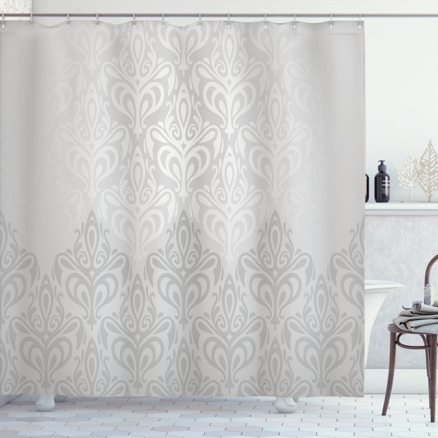 Pale Gray Victorian Damask Fabric Shower Curtain