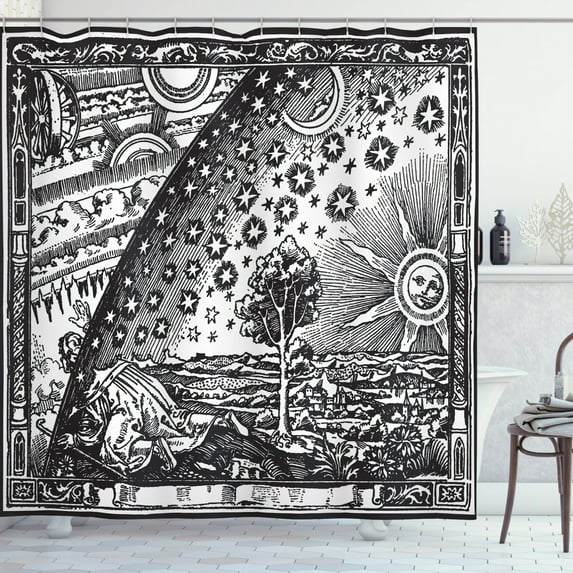 Ambesonne Vintage Shower Curtain, Moon Sun Planets Image, 69"Wx75"L, Charcoal Grey