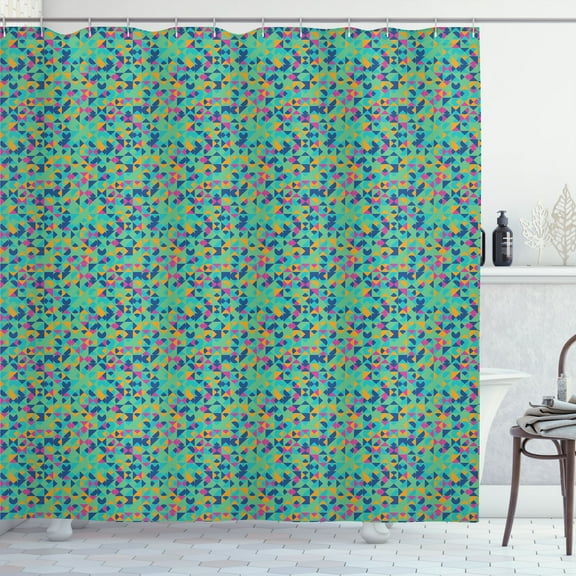 Ambesonne Vintage Shower Curtain, Pattern of Squares Circles, 69"Wx84"L, Shamrock Green and Hot Pink