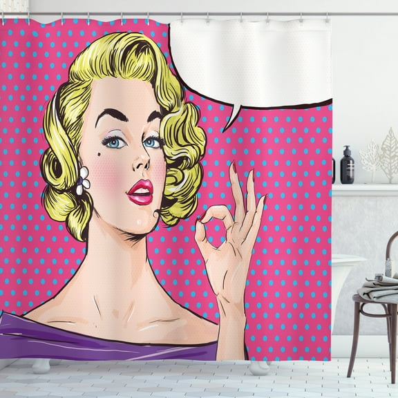 Ambesonne Vintage Shower Curtain, Pop Art Woman OK Sign, 69"Wx75"L, Multicolor