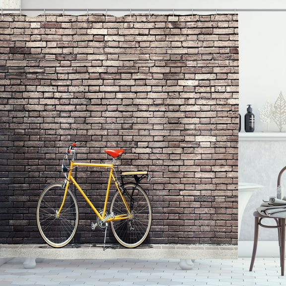 Ambesonne Vintage Shower Curtain, Retro Bicycle on Wall, 69"Wx84"L, Grey Yellow Red