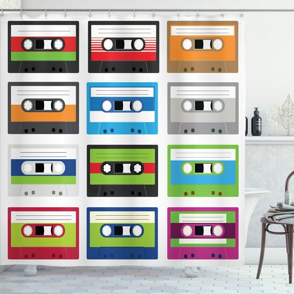 Ambesonne Vintage Shower Curtain, Retro Cassette Collage, 69"Wx84"L, Green Blue