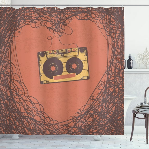 Ambesonne Vintage Shower Curtain, Retro Cassette Music, 69"Wx70"L, Orange Brown