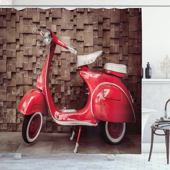 Ambesonne Vintage Shower Curtain, Retro Nostalgic Scooter, 69"Wx70"L, Red Umber