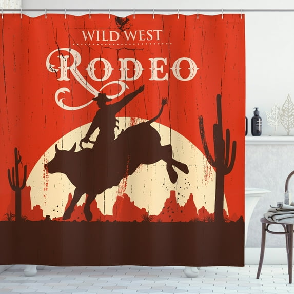 Ambesonne Vintage Shower Curtain, Rodeo Cowboy Rides Bull, 69"Wx75"L, Orange Brown