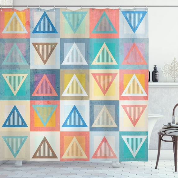 Ambesonne Vintage Shower Curtain, Striped Colorful Triangles, 69"Wx75"L, Coral Turquoise and Salmon