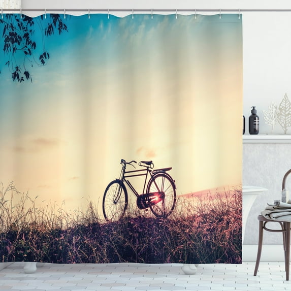 Ambesonne Vintage Shower Curtain, Sunset Bicycle Pastel, 69"Wx70"L, Pale Blue Black and Peach