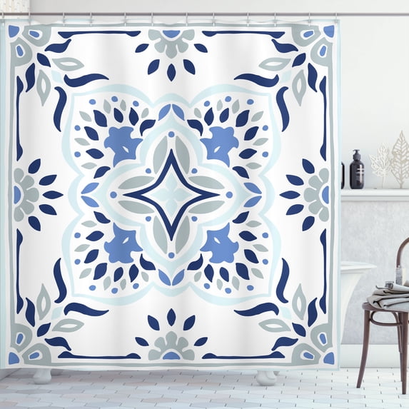 Ambesonne Vintage Shower Curtain, Talavera Pattern Ornament, 69"Wx75"L, Dark Lavender White Grey