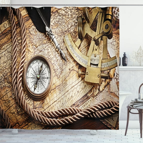 Ambesonne Vintage Shower Curtain, Voyage Theme Lifestyle, 69"Wx75"L, Cream