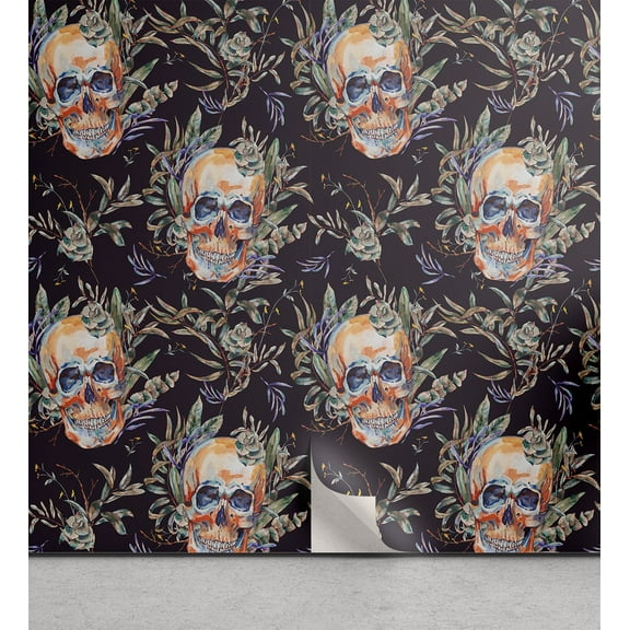 Ambesonne Vintage Skull Peel & Stick Wallpaper for Home, Aquarelle Witchy Head, 13"x36", Eggplant Multicolor