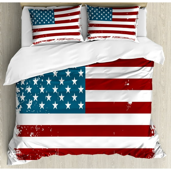 Ambesonne Vintage Stripe Duvet Cover Set, Grungy Old Glory USA, 2-Calking, Burgundy Petrol Blue