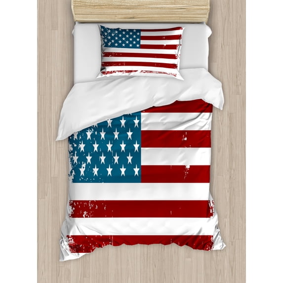 Ambesonne Vintage Stripe Duvet Cover Sets, Grungy Old Glory USA, 2-Twin, Burgundy Petrol Blue