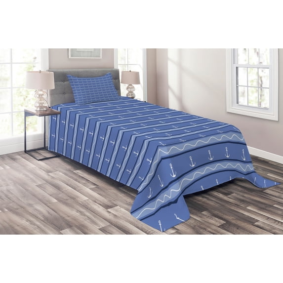 Ambesonne Vintage Stripe Quilted Coverlet 2 Pcs, Anchor Lines Waves, Twin Size, Ceil Blue White