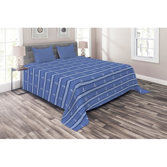 Ambesonne Vintage Stripe Quilted Coverlet 3 Pcs, Anchor Lines Waves, Queen Size, Ceil Blue White