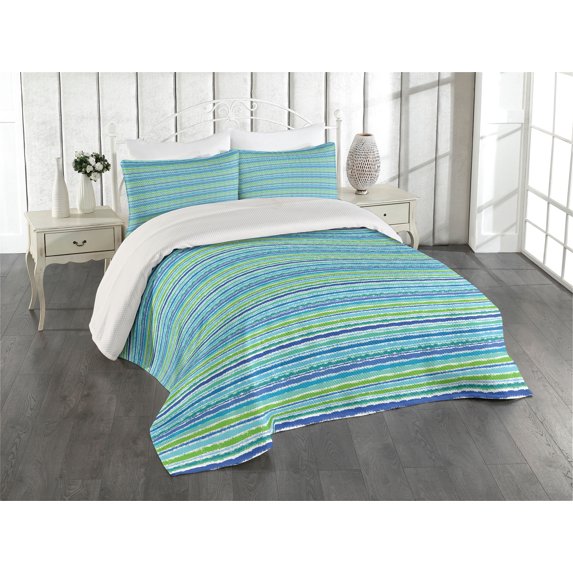Ambesonne Vintage Stripe Quilted Coverlet 3 Pcs, Blue Green Tones Art, Queen Size, Multicolor