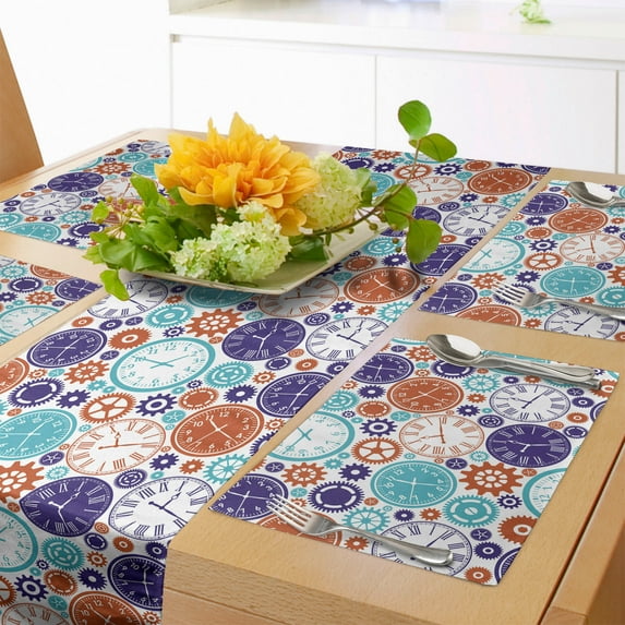 Ambesonne Vintage Table Runner & Placemats, Clock with Roman Digits, Placemat 4 pcs + Runner 12"x72", Blue and Dark Orange