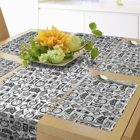 Ambesonne Vintage Table Runner & Placemats, Hand Drawn Clocks, Placemat 4 pcs + Runner 14"x90", Black and White