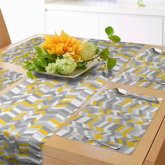 Ambesonne Vintage Table Runner & Placemats, Home Style Zig Zag, Placemat 4 pcs + Runner 14"x90", Grey Yellow