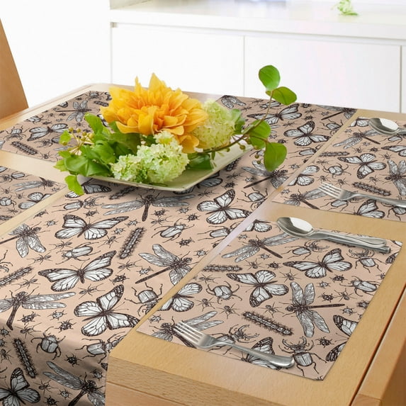 Ambesonne Vintage Table Runner & Placemats, Insect Butterfly Sketch, Placemat 4 pcs + Runner 16"x72", Pale Peach Seal Brown