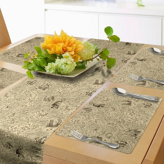Ambesonne Vintage Table Runner & Placemats, Marine Fantasy Map Design, Placemat 4 pcs + Runner 12"x72", Beige and Dark Cocoa