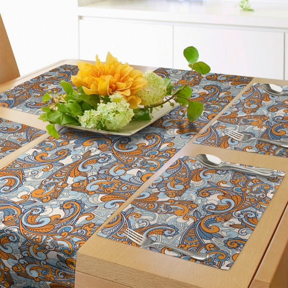 Ambesonne Vintage Table Runner & Placemats, Paisley Inspired, Placemat 4 pcs + Runner 14"x72", Orange Pale Blue Cream