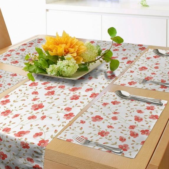 Ambesonne Vintage Table Runner & Placemats, Peony Flowers Blooms, Placemat 4 pcs + Runner 14"x72", Dark Coral White