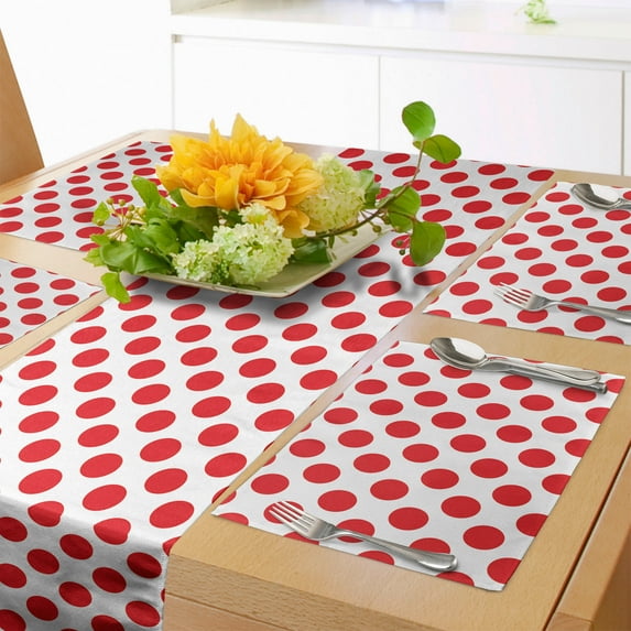 Ambesonne Vintage Table Runner & Placemats, Pop Art Retro Dots, Placemat 4 pcs + Runner 12"x90", Vermilion White