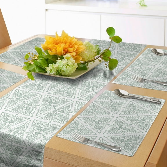 Ambesonne Vintage Table Runner & Placemats, Renaissance Inspirations, Placemat 4 pcs + Runner 16"x72", Pale Sage Green White
