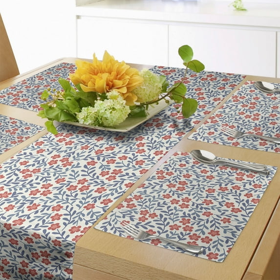 Ambesonne Vintage Table Runner & Placemats, Retro Bohemian Floral, Placemat 4 pcs + Runner 14"x90", Red Blue White