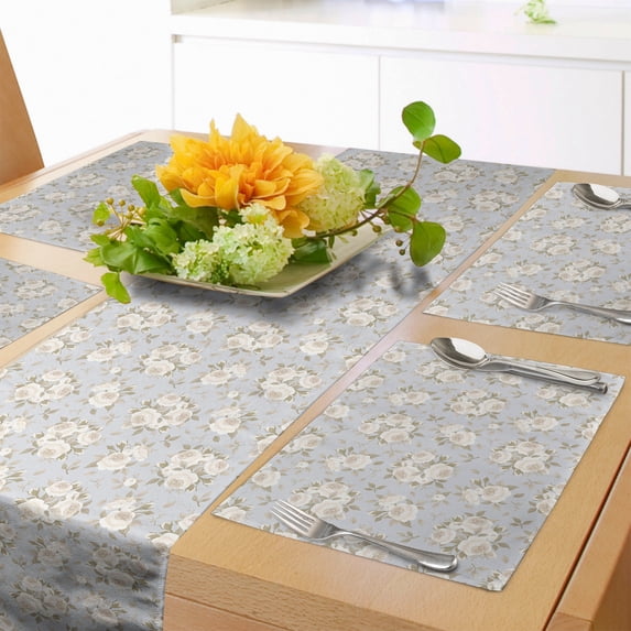 Ambesonne Vintage Table Runner & Placemats, Romantic Roses in Bloom, Placemat 4 pcs + Runner 14"x90", Reseda Green Blue Grey