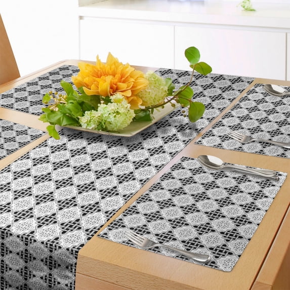 Ambesonne Vintage Table Runner & Placemats, Scandinavian Celtic, Placemat 4 pcs + Runner 12"x72", Grey White