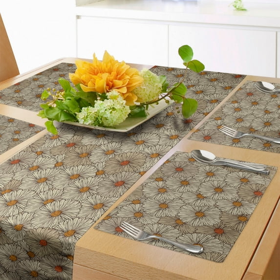 Ambesonne Vintage Table Runner & Placemats, Sketchy Gerbera Daisies, Placemat 4 pcs + Runner 14"x90", Tan Orange Marigold