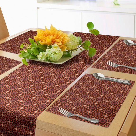 Ambesonne Vintage Table Runner & Placemats, Southeastern Floral Motifs, Placemat 4 pcs + Runner 14"x90", Maroon Brown Orange