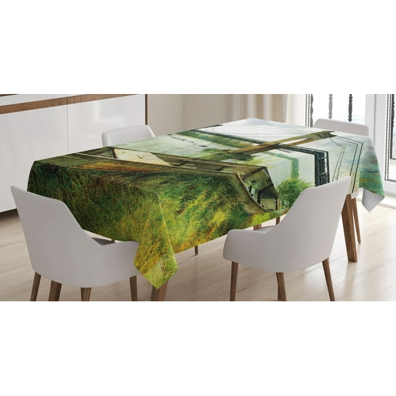 Ambesonne Vintage Tablecloth Rectangular Table Cover, Bridge and Old Boat, 52"x70", Green Grey