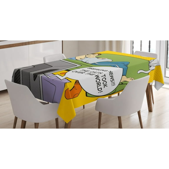 Ambesonne Vintage Tablecloth Rectangular Table Cover, Man TV Cat Comic Book, 52"x70", Multicolor
