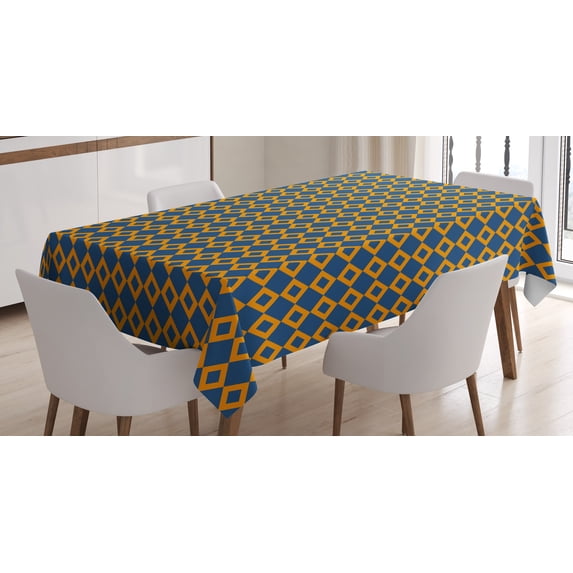 Ambesonne Vintage Tablecloth Rectangular Table Cover, Squares Chain Mesh Tile, 60"x90", Dark Blue Orange