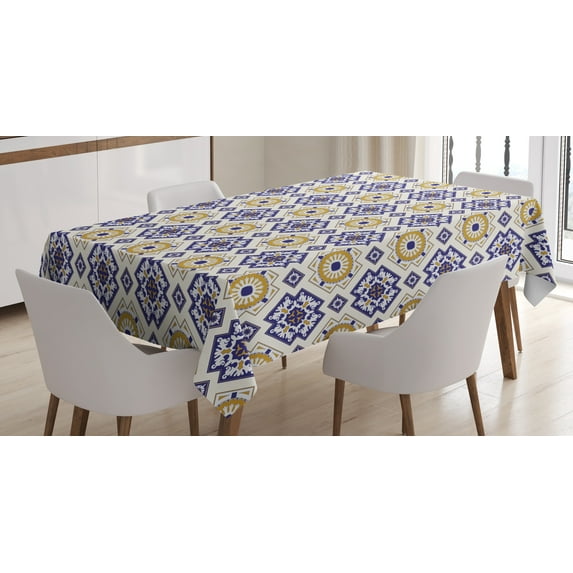 Ambesonne Vintage Tablecloth Rectangular Table Cover, Victorian Geometric, 60"x90", Earth Yellow and Dark Blue