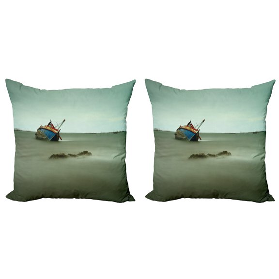 Ambesonne Vintage Throw Pillow Cover 2 Pack, Abandoned Fishing Boat, 18", Grey Blue