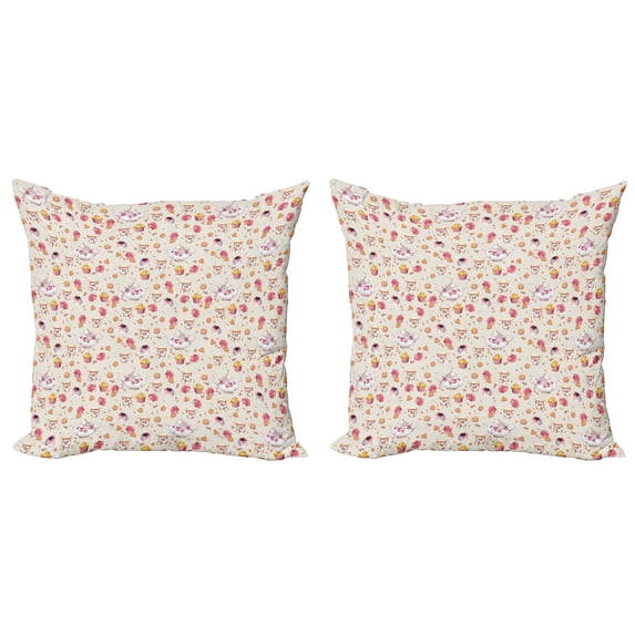 Ambesonne Vintage Throw Pillow Cover 2 Pack, Antique Retro Tea Cups, 18", Dark Coral Pale Pink