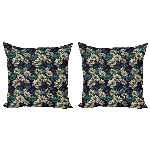 Ambesonne Vintage Throw Pillow Cover 2 Pack, Blossoms Dragonflies, 18", Mint Green and Dark Blue