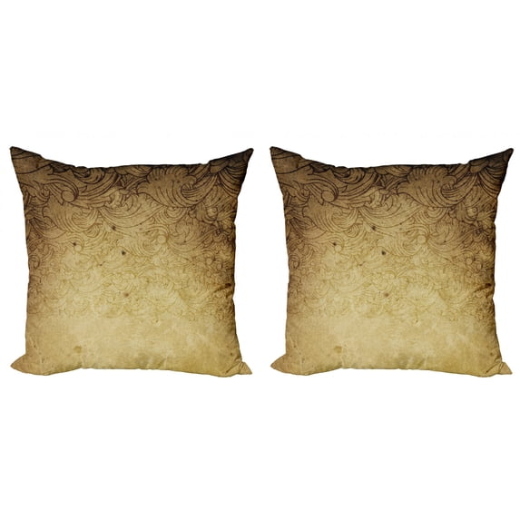 Ambesonne Vintage Throw Pillow Cover 2 Pack, Brown Floral Ornaments, 16", Tan
