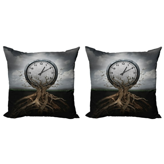 Ambesonne Vintage Throw Pillow Cover 2 Pack, Clock Surrealist, 24", Grey