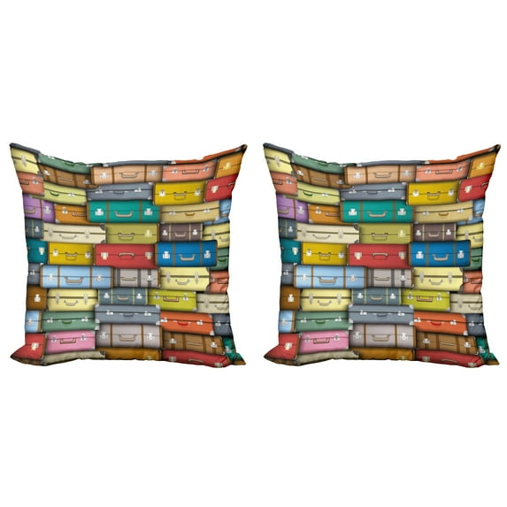 Ambesonne Vintage Throw Pillow Cover 2 Pack, Colored Travel Suitcase, 16", Multicolor