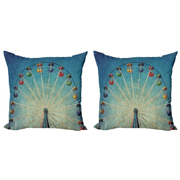Ambesonne Vintage Throw Pillow Cover 2 Pack, Ferris Wheel Fun Retro, 24", Blue