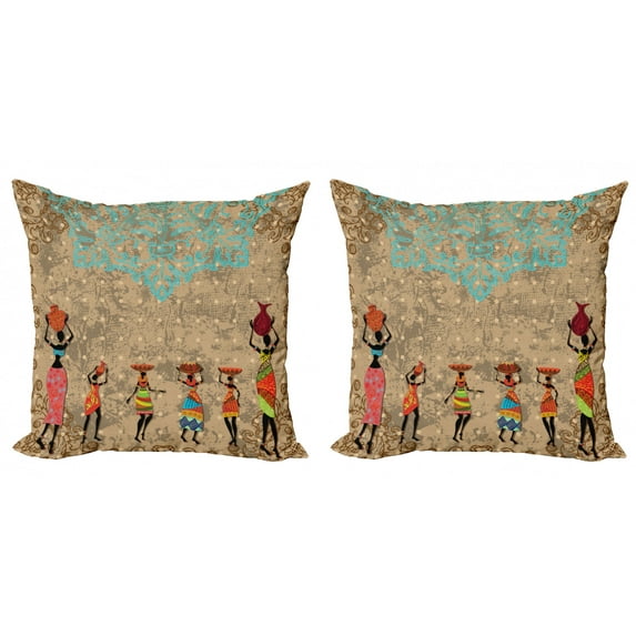 Ambesonne Vintage Throw Pillow Cover 2 Pack, Folkloric Boho African, 20", Seafoam Cocoa