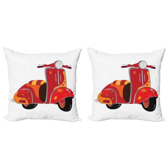 Ambesonne Vintage Throw Pillow Cover 2 Pack, Hippie Urban Scooter, 16", Red Orange