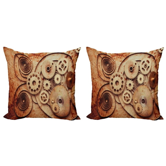 Ambesonne Vintage Throw Pillow Cover 2 Pack, Mechanical Clocks Gears, 20", Dark Orange Beige