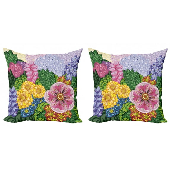 Ambesonne Vintage Throw Pillow Cover 2 Pack, Nature Flowers Buds, 16", Lilac Green