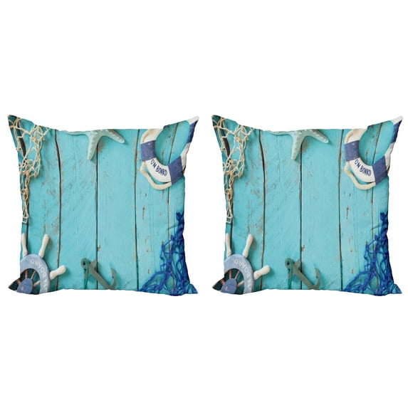 Ambesonne Vintage Throw Pillow Cover 2 Pack, Nautical Ocean Scenery, 24", Turquoise Navy Blue