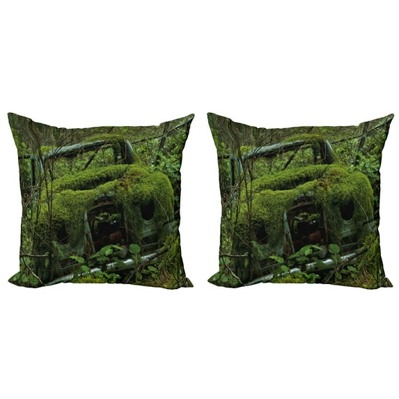 Ambesonne Vintage Throw Pillow Cover 2 Pack, Old Classic Car Forest, 24", Olive Green and Dimgrey
